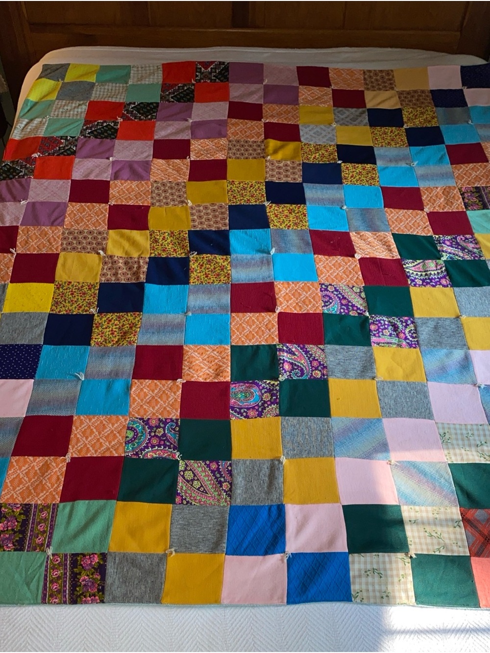 Vintage 1970s Colorful Polyester/Cotton Patchwork Quilt Hand Tied 64” X 56” -B7